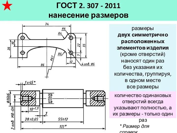 ГОСТ 2. 307 - 2011 нанесение размеров размеры двух симметрично расположенных элементов