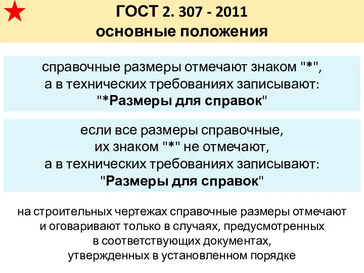 ГОСТ 2. 307 - 2011 основные положения справочные размеры отмечают знаком "*",