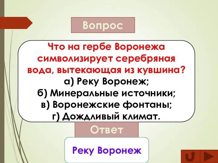 Вопрос Что на гербе Воронежа символизирует серебряная вода, вытекающая из кувшина? а)