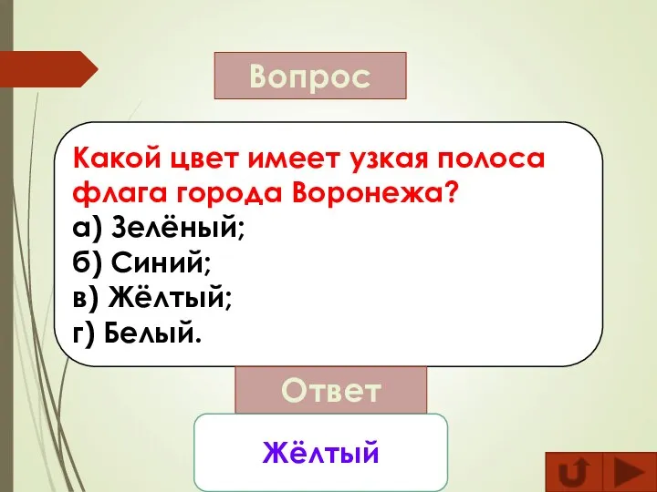 Вопрос Какой цвет имеет узкая полоса флага города Воронежа? а) Зелёный; б)
