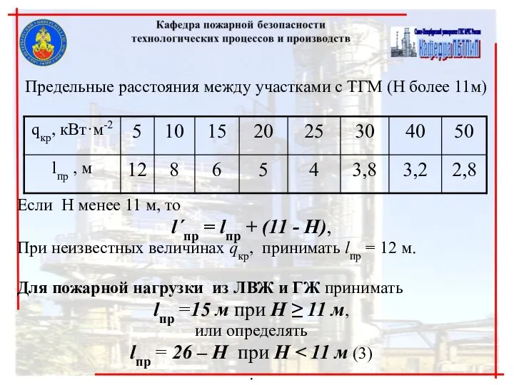 Предельные расстояния между участками с ТГМ (Н более 11м) Если Н менее