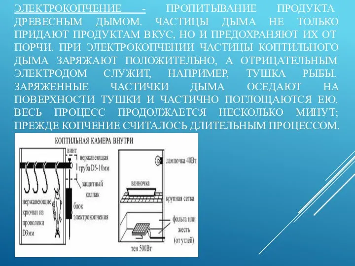 ЭЛЕКТРОКОПЧЕНИЕ - ПРОПИТЫВАНИЕ ПРОДУКТА ДРЕВЕСНЫМ ДЫМОМ. ЧАСТИЦЫ ДЫМА НЕ ТОЛЬКО ПРИДАЮТ ПРОДУКТАМ