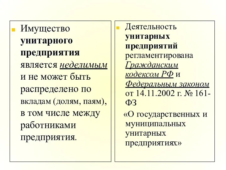 Имущество унитарного предприятия является неделимым и не может быть распределено по вкладам