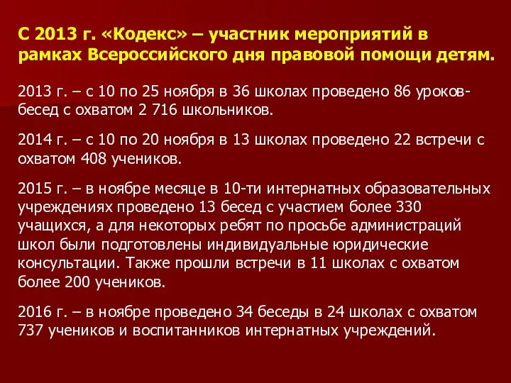 С 2013 г. «Кодекс» – участник мероприятий в рамках Всероссийского дня правовой