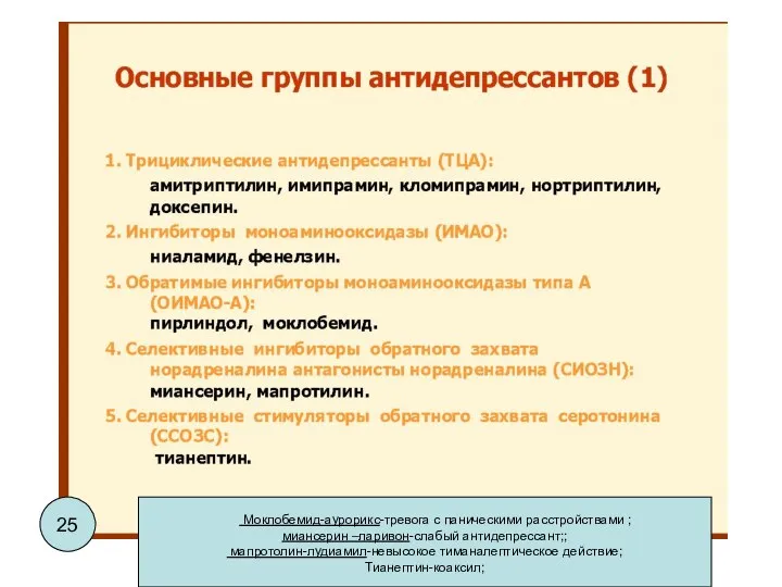 Моклобемид-аурорикс-тревога с паническими расстройствами ; миансерин –ларивон-слабый антидепрессант;; мапротолин-лудиамил-невысокое тиманалептическое действие; Тианептин-коаксил;