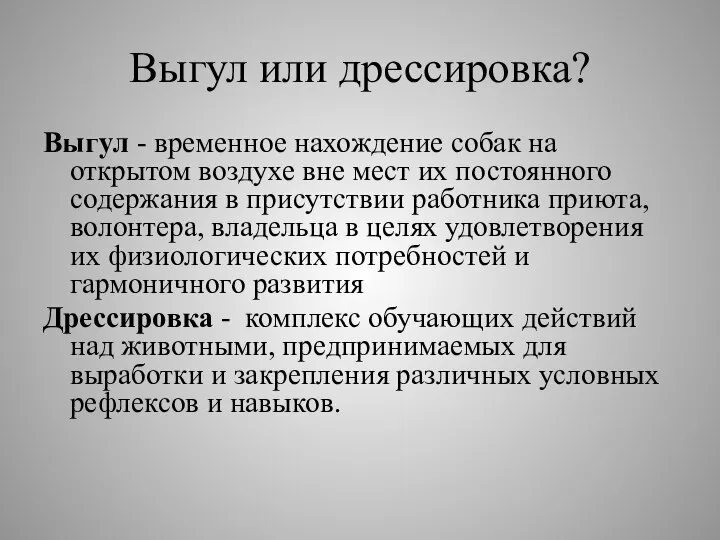 Выгул или дрессировка? Выгул - временное нахождение собак на открытом воздухе вне