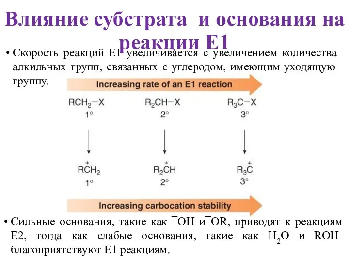 Скорость реакций E1 увеличивается с увеличением количества алкильных групп, связанных с углеродом,