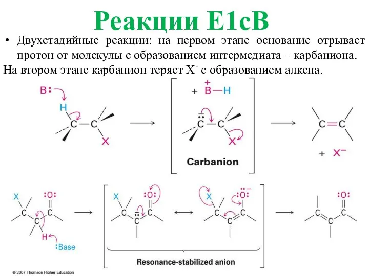 Реакции E1cB Двухстадийные реакции: на первом этапе основание отрывает протон от молекулы