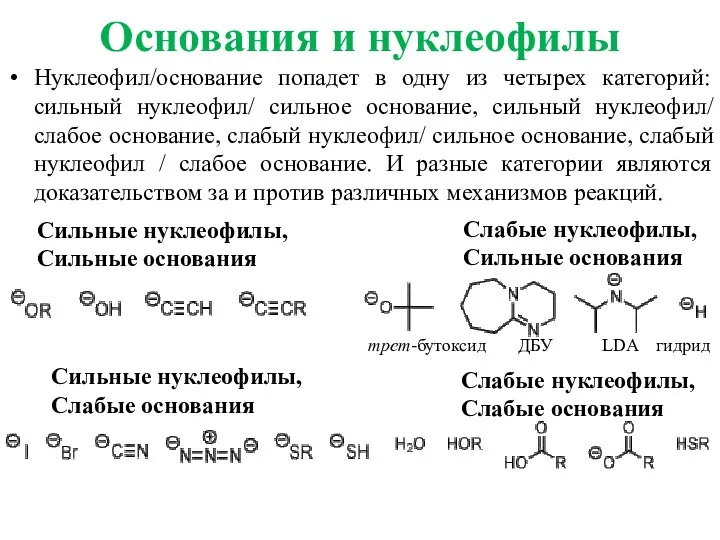 Основания и нуклеофилы Нуклеофил/основание попадет в одну из четырех категорий: сильный нуклеофил/