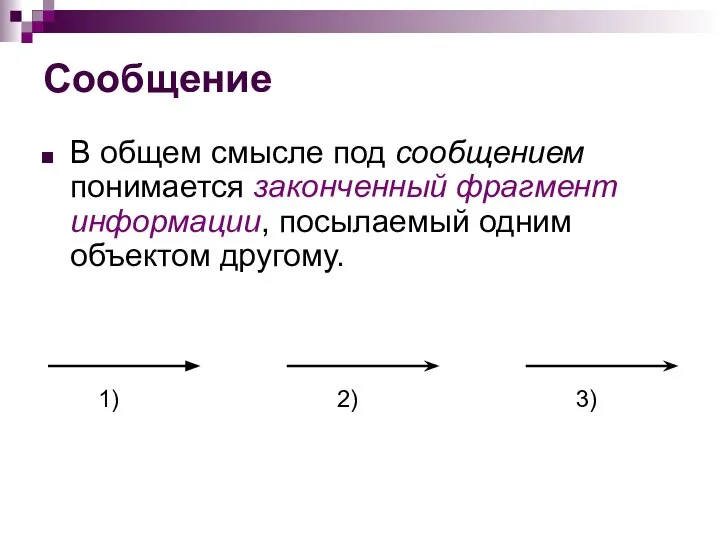 Сообщение В общем смысле под сообщением понимается законченный фрагмент информации, посылаемый одним объектом другому.