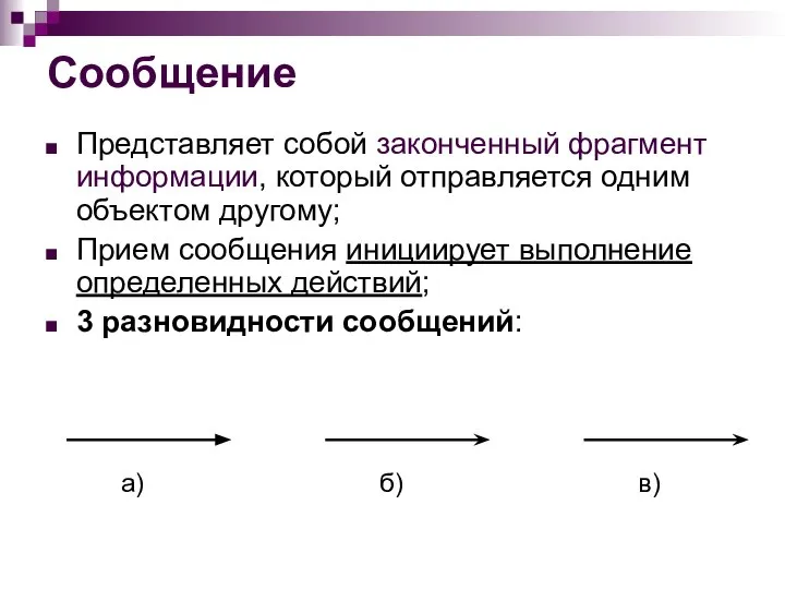 Сообщение Представляет собой законченный фрагмент информации, который отправляется одним объектом другому; Прием