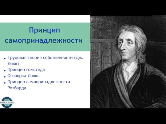 Принцип самопринадлежности Трудовая теория собственности (Дж. Локк) Принцип гомстеда Оговорка Локка Принцип самопринадлежности Ротбарда