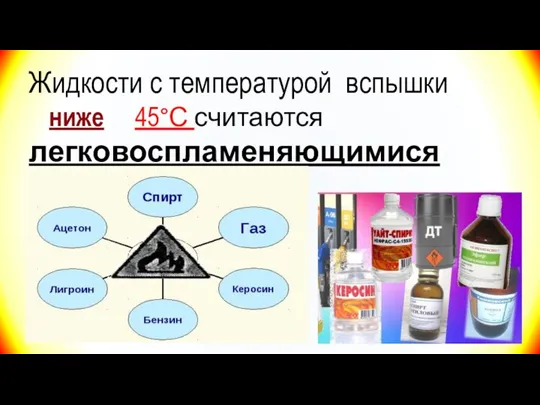 Жидкости с температурой вспышки ниже 45°С считаются легковоспламеняющимися (бензин, керосин, ацетон, различные эфиры и спирты)