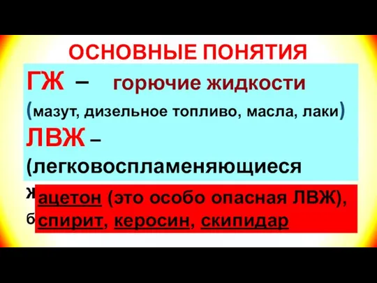 ОСНОВНЫЕ ПОНЯТИЯ ГЖ – горючие жидкости(мазут, дизельное топливо, масла, лаки) ЛВЖ –