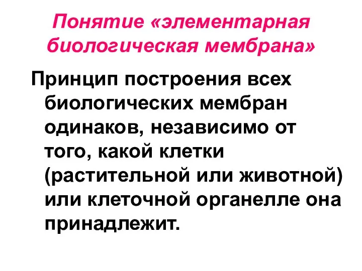 Понятие «элементарная биологическая мембрана» Принцип построения всех биологических мембран одинаков, независимо от