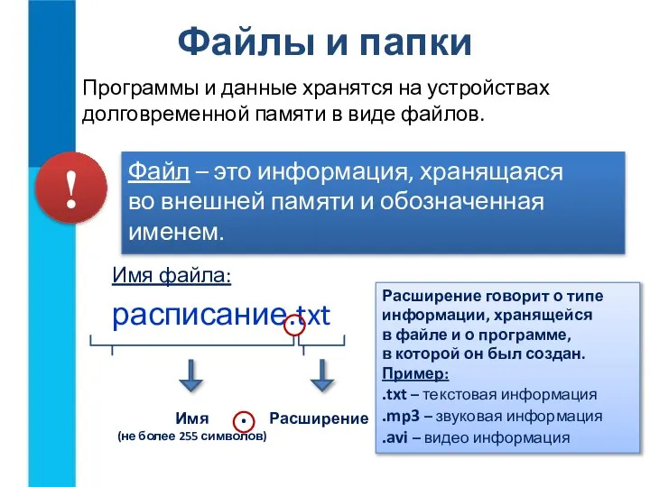 Файлы и папки Программы и данные хранятся на устройствах долговременной памяти в