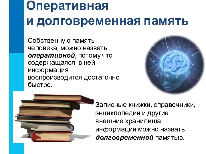 Оперативная и долговременная память Собственную память человека, можно назвать оперативной, потому что