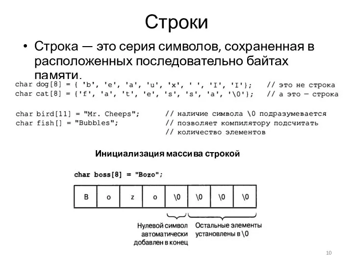 Строки Строка — это серия символов, сохраненная в расположенных последовательно байтах памяти. Инициализация массива строкой