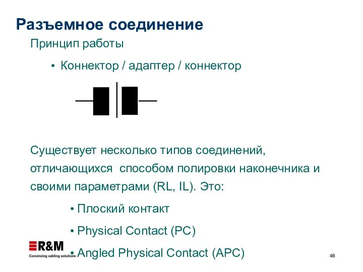 Разъемное соединение Принцип работы Коннектор / адаптер / коннектор Существует несколько типов