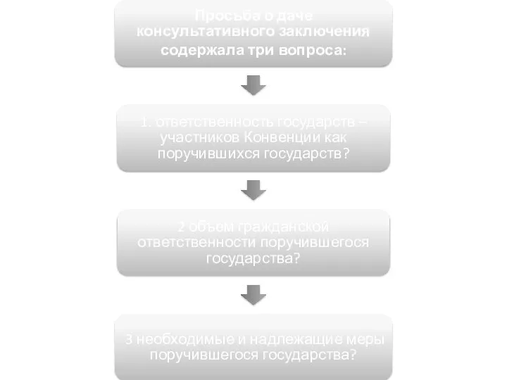 Просьба о даче консультативного заключения содержала три вопроса: 1. ответственность государств –