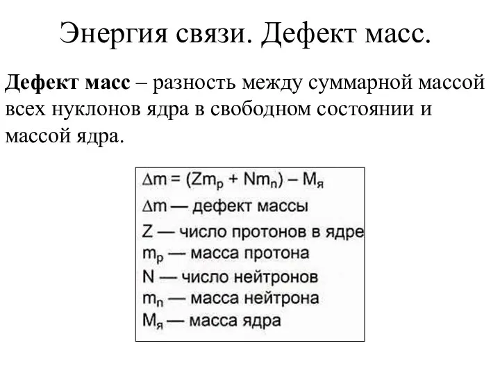 Энергия связи. Дефект масс. Дефект масс – разность между суммарной массой всех