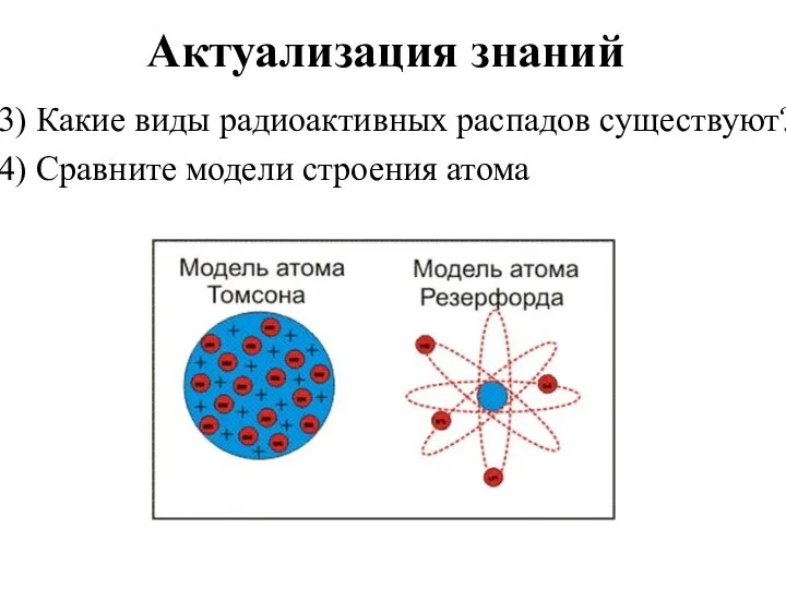 Актуализация знаний 3) Какие виды радиоактивных распадов существуют? 4) Сравните модели строения атома