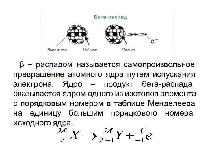 β – распадом называется самопроизвольное превращение атомного ядра путем испускания электрона. Ядро