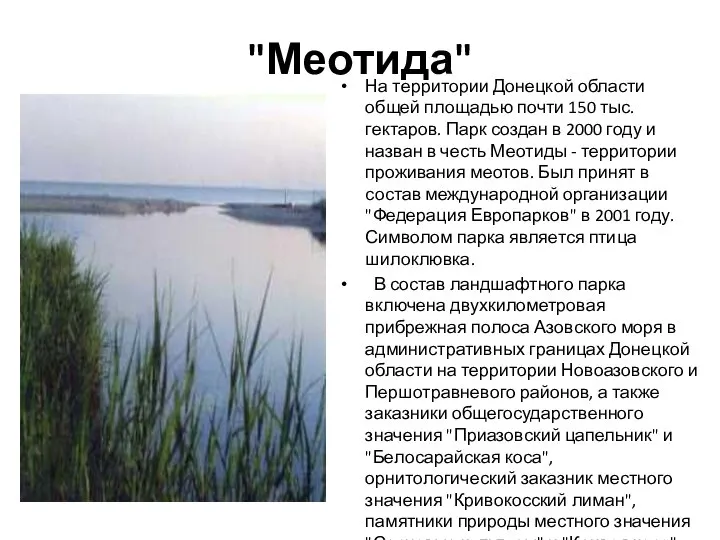 "Меотида" На территории Донецкой области общей площадью почти 150 тыс. гектаров. Парк