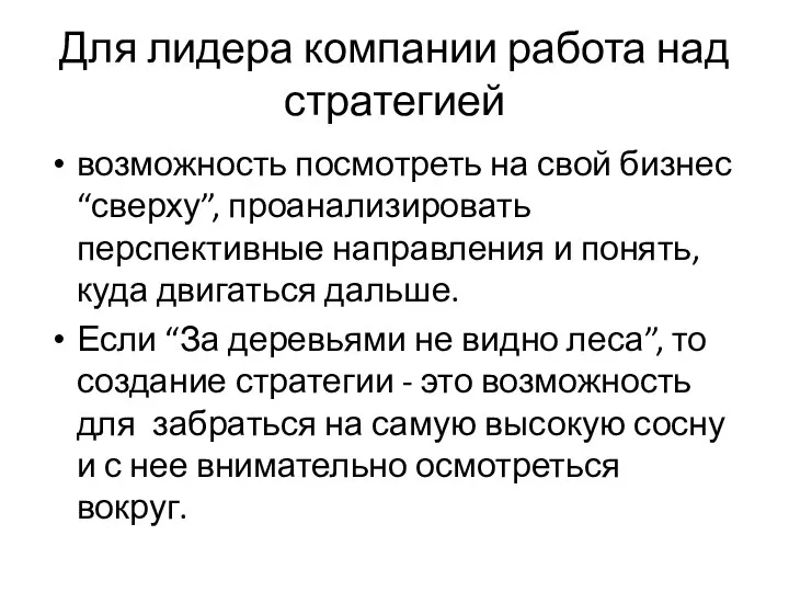 Для лидера компании работа над стратегией возможность посмотреть на свой бизнес “сверху”,