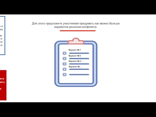 Появляется фраза и картинка со списком. На словах про варианты решения последовательно