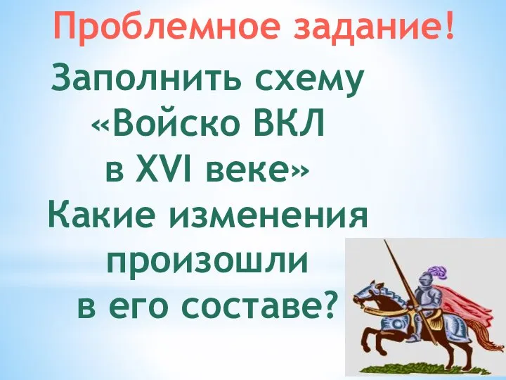 Проблемное задание! Заполнить схему «Войско ВКЛ в XVI веке» Какие изменения произошли в его составе?