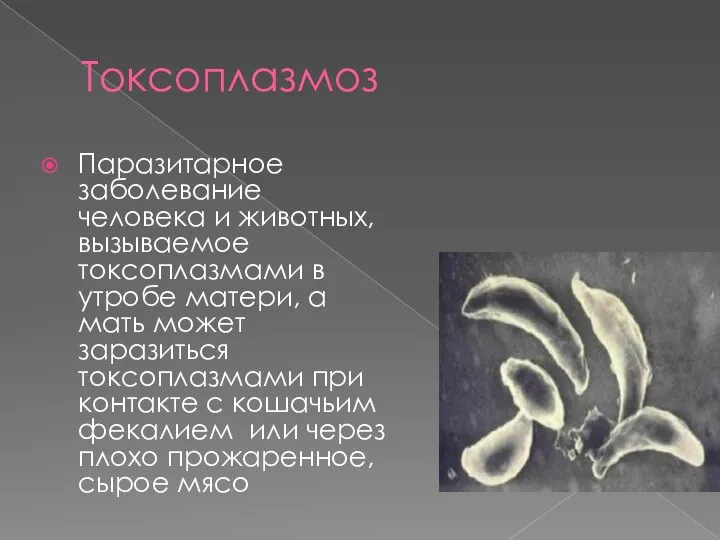 Токсоплазмоз Паразитарное заболевание человека и животных, вызываемое токсоплазмами в утробе матери, а