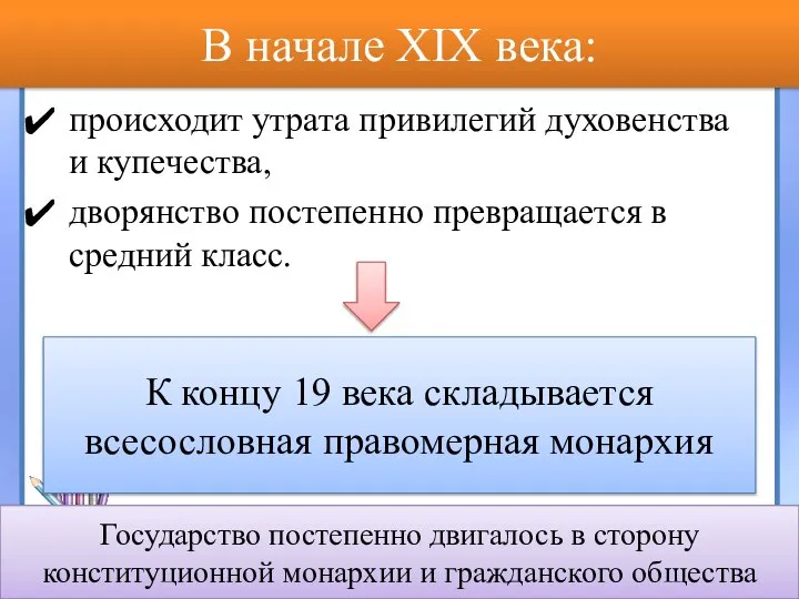 В начале XIX века: происходит утрата привилегий духовенства и купечества, дворянство постепенно