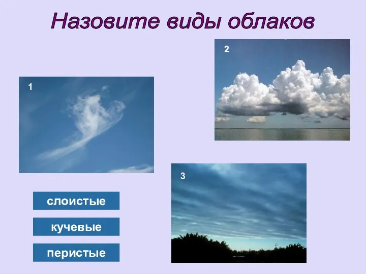 Назовите виды облаков 1 2 3 слоистые кучевые перистые