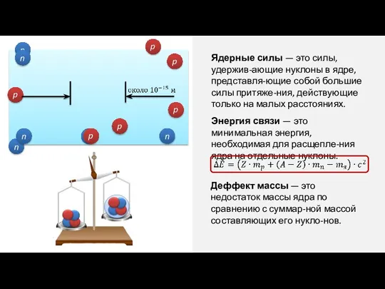 Ядерные силы — это силы, удержив-ающие нуклоны в ядре, представля-ющие собой большие