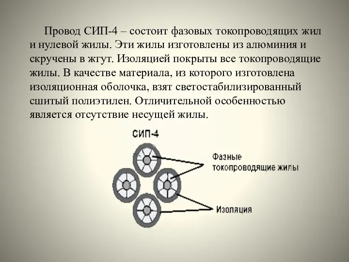 Провод СИП-4 – состоит фазовых токопроводящих жил и нулевой жилы. Эти жилы