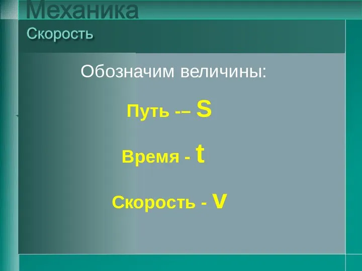 Обозначим величины: Путь -– S Время - t Скорость - v Скорость