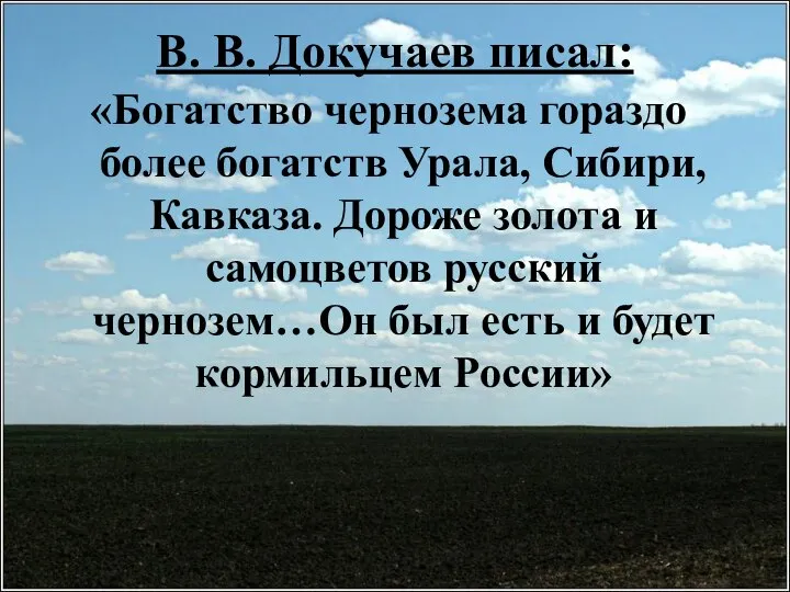 В. В. Докучаев писал: «Богатство чернозема гораздо более богатств Урала, Сибири, Кавказа.