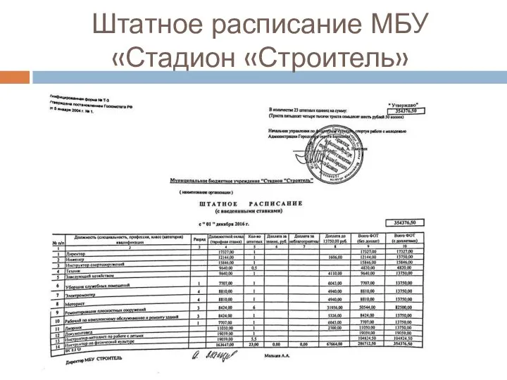 Штатное расписание МБУ «Стадион «Строитель»