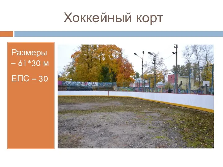 Хоккейный корт Размеры – 61*30 м ЕПС – 30