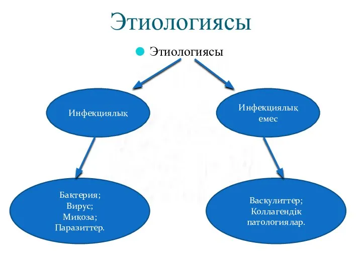 Этиологиясы Этиологиясы Инфекциялық Инфекциялық емес Бактерия; Вирус; Микоза; Паразиттер. Васкулиттер; Коллагендік патологиялар.