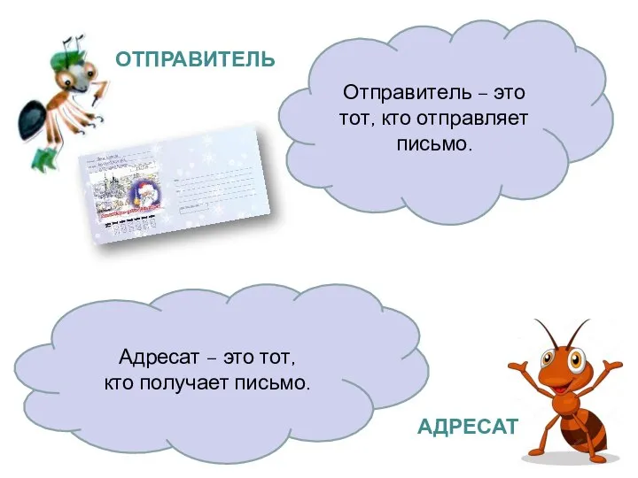 ОТПРАВИТЕЛЬ АДРЕСАТ Отправитель – это тот, кто отправляет письмо. Адресат – это тот, кто получает письмо.