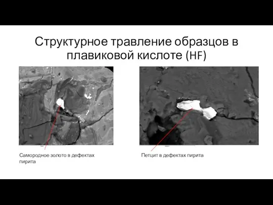 Структурное травление образцов в плавиковой кислоте (HF) Самородное золото в дефектах пирита Петцит в дефектах пирита