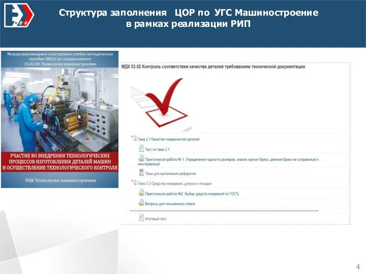 Структура заполнения ЦОР по УГС Машиностроение в рамках реализации РИП 4