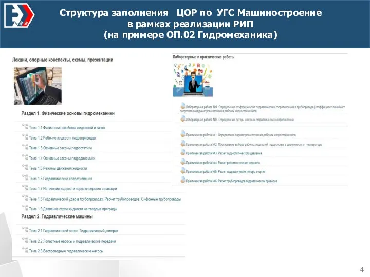 Структура заполнения ЦОР по УГС Машиностроение в рамках реализации РИП (на примере ОП.02 Гидромеханика) 4