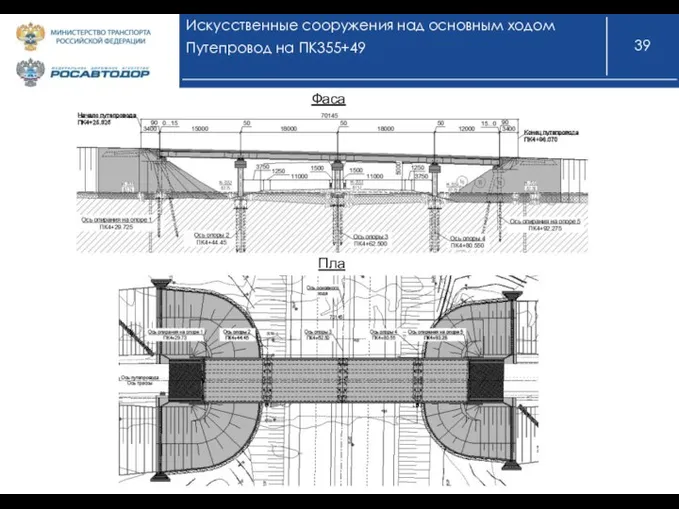 Искусственные сооружения над основным ходом Путепровод на ПК355+49 Фасад План