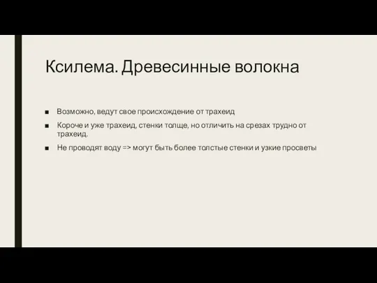 Ксилема. Древесинные волокна Возможно, ведут свое происхождение от трахеид Короче и уже