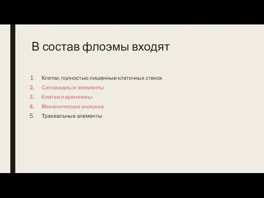 В состав флоэмы входят Клетки, полностью лишенные клеточных стенок Ситовидные элементы Клетки