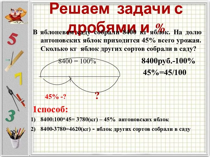 Решаем задачи с дробями и % В яблоневом саду собрали 8400 кг