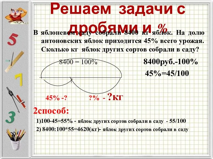 Решаем задачи с дробями и % В яблоневом саду собрали 8400 кг